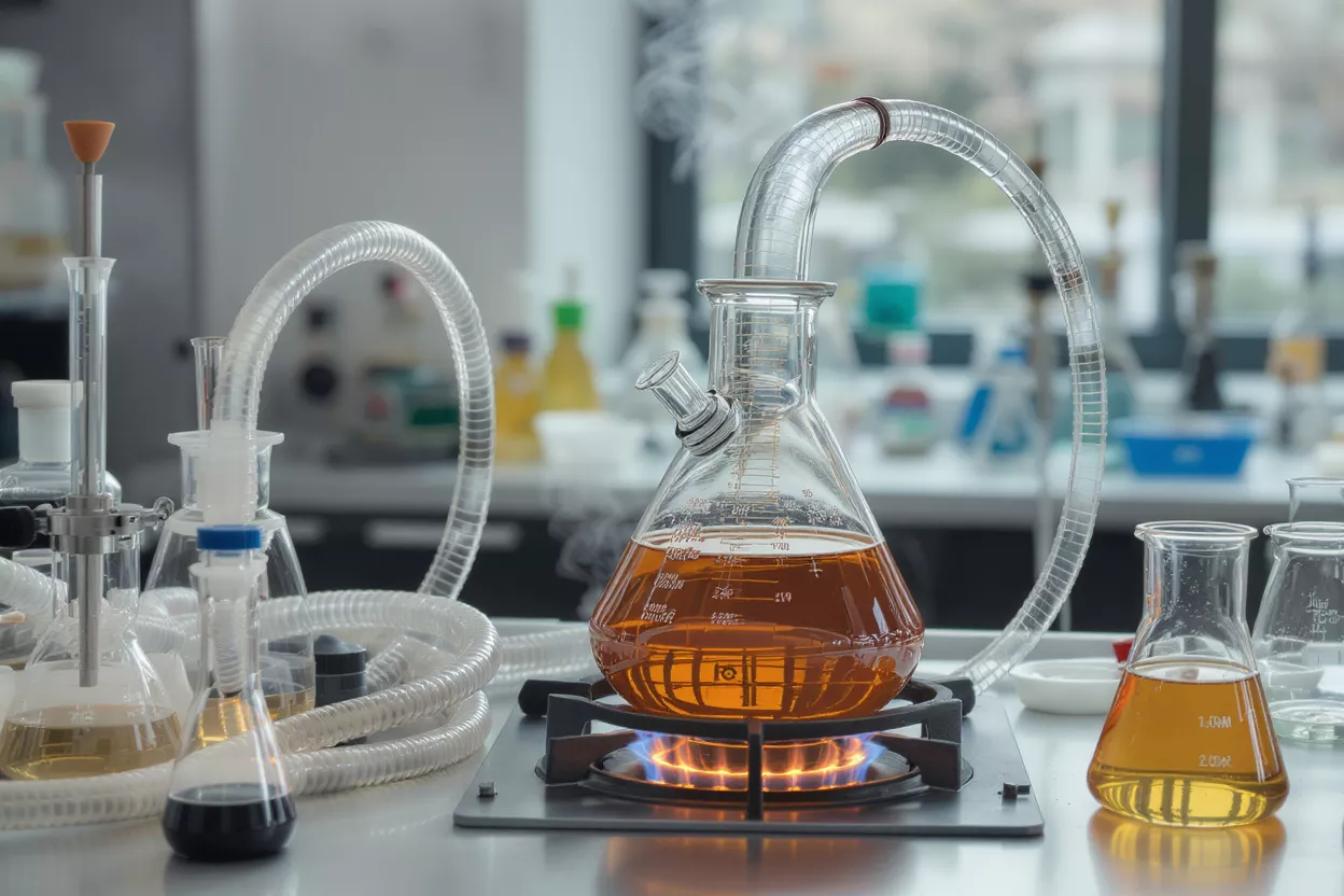 Glass flasks and tubes in a laboratory setting