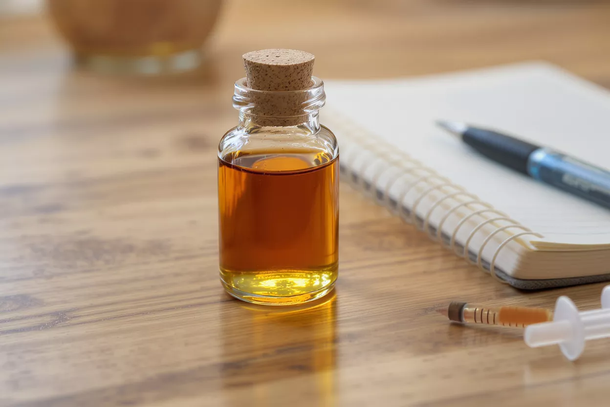Small glass bottle of oil next to a notebook
