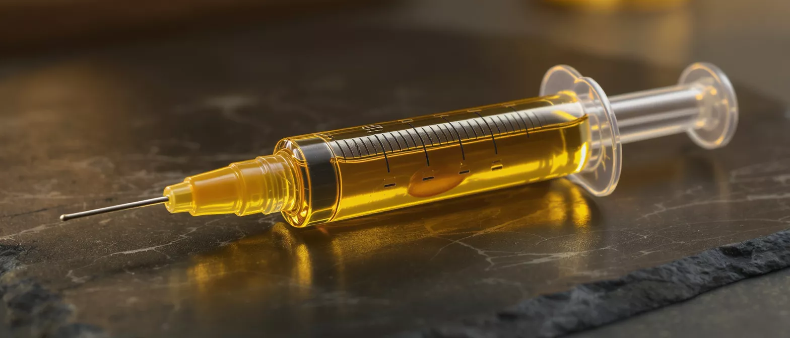 Close-up of a syringe filled with yellow liquid