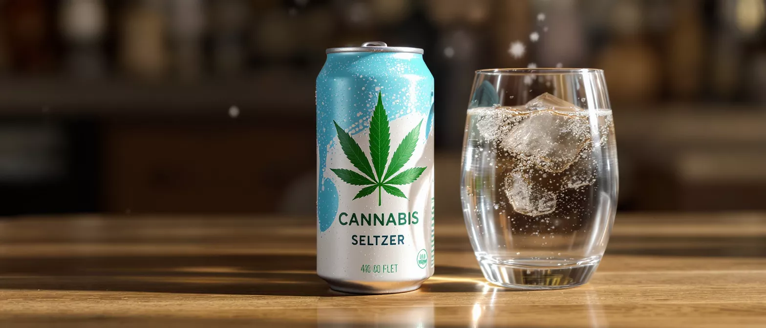 A chilled can of cannabis seltzer next to a glass of sparkling water with ice.