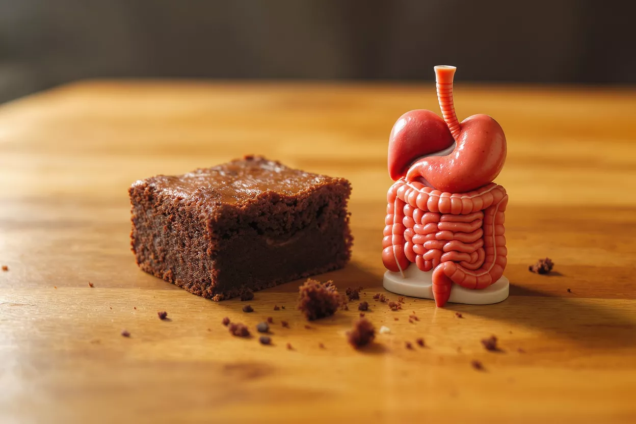 Brownie and Anatomical Model A brownie next to a colorful anatomical digestive model