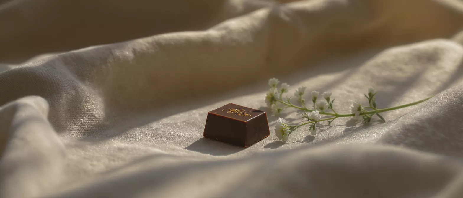 A dark chocolate praline with golden dust next to white flowers on a cream fabric.