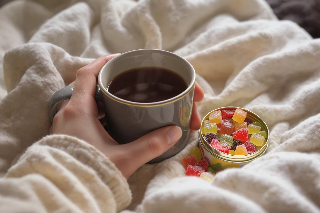 Cozy Coffee and Gummy Candies A hand holding a coffee cup beside colorful gummy candies
