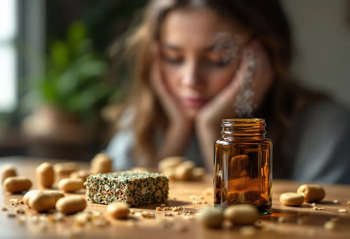 Une scène sereine avec des produits à base de plantes et une femme pensante
