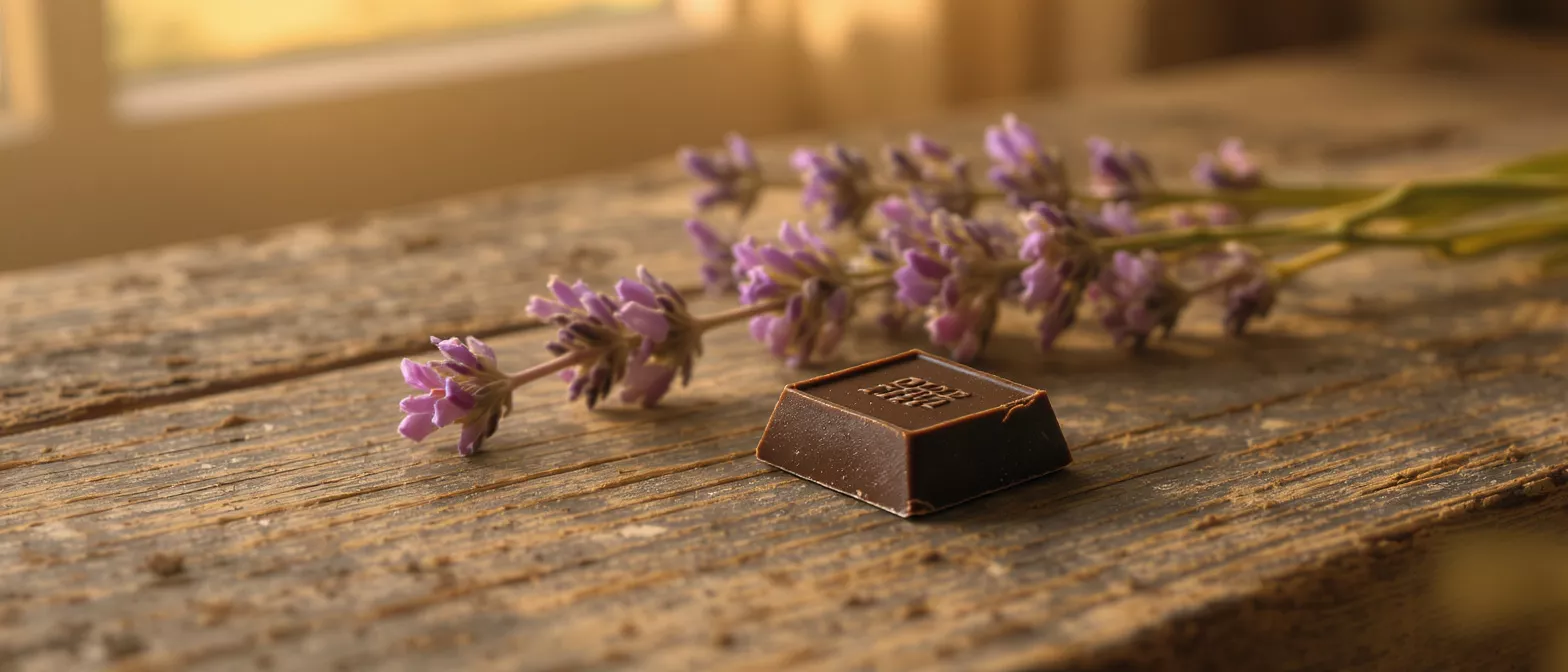 A dark chocolate square and lavender sprigs on a rustic wooden surface.