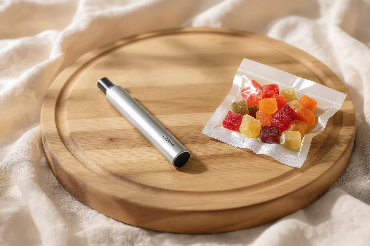 Vape and Candy Gummies A vape pen beside a bag of colorful candy gummies