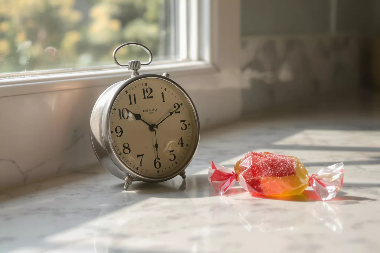 Vintage Clock and Candy A vintage clock next to a piece of candy