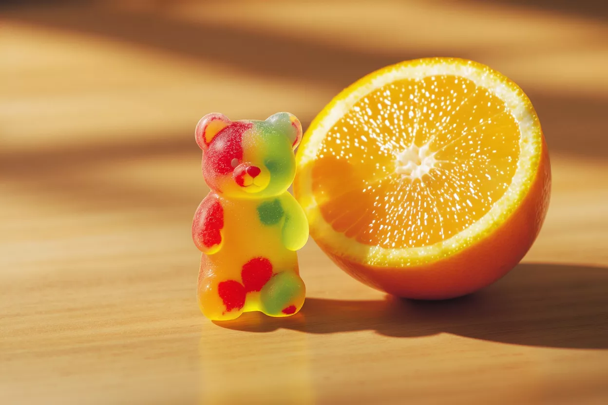 Oso de gominola colorido junto a una naranja cortada sobre una superficie de madera.