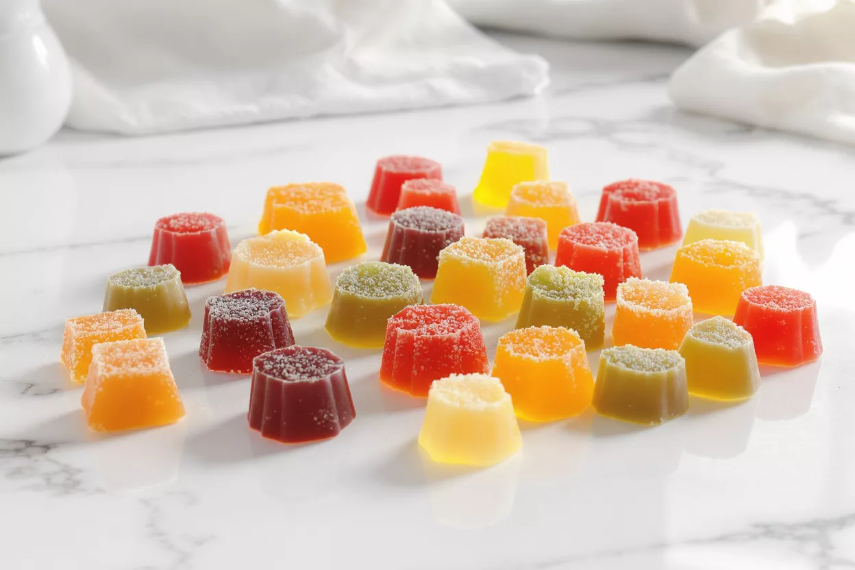Surtido de gominolas de frutas vibrantes, rebozadas en azúcar, de varios colores sobre una superficie de mármol.