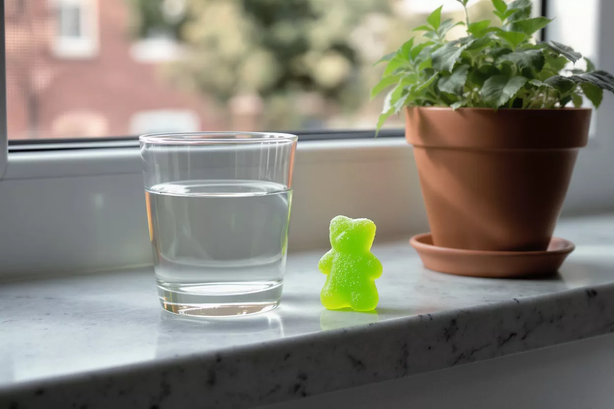 Un oso de gominola verde, un vaso de agua y una planta en maceta en un alféizar blanco.