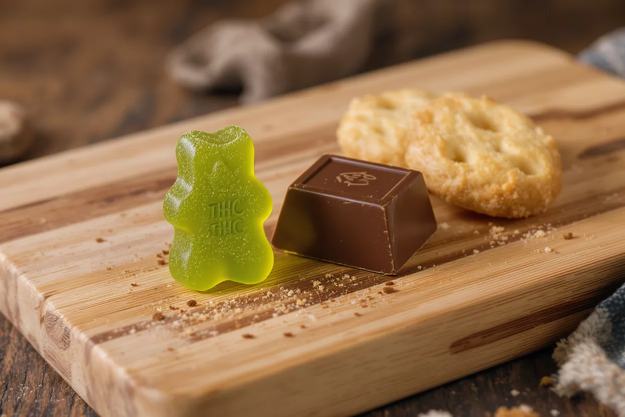 Oso de gomita verde con THC, cuadrado de chocolate y galletas de mantequilla sobre una tabla de madera.