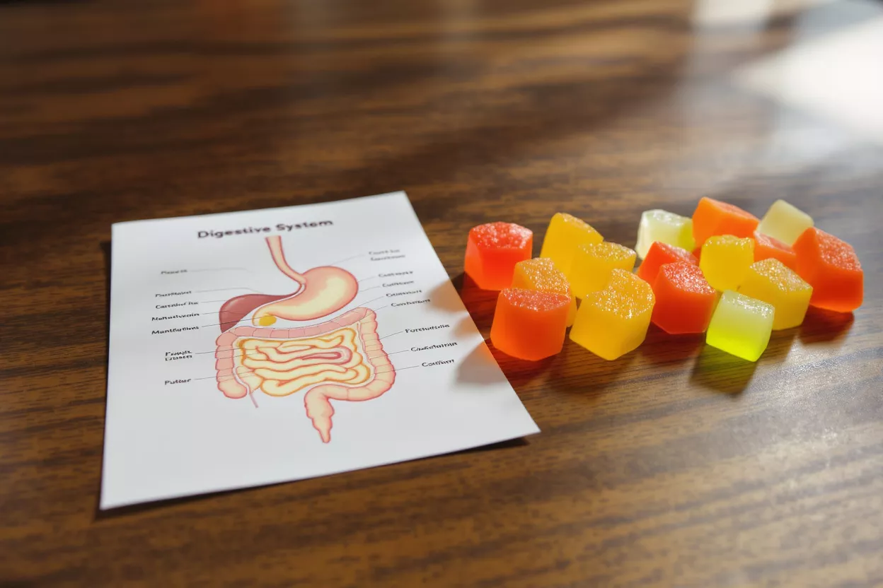 Un diagrama del sistema digestivo humano junto a gomitas vitaminadas coloridas.