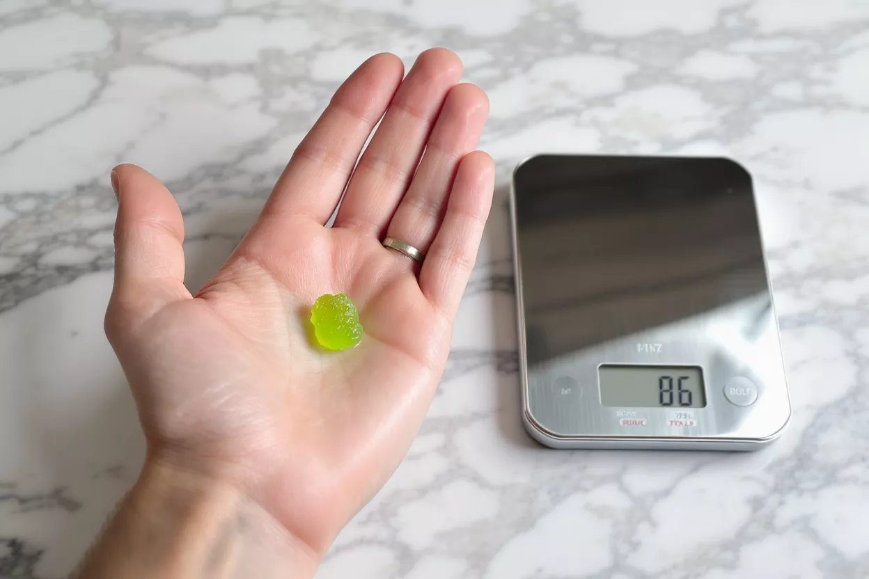 Una mano sosteniendo una gomita verde junto a una báscula digital que muestra '86'.