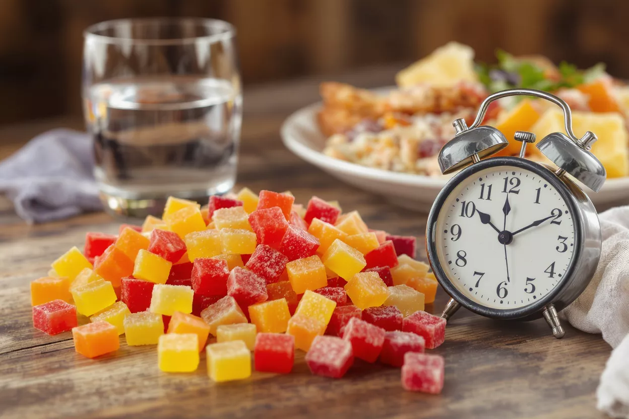 Gominolas de fruta coloridas, un despertador y un vaso de agua sobre una mesa de madera.