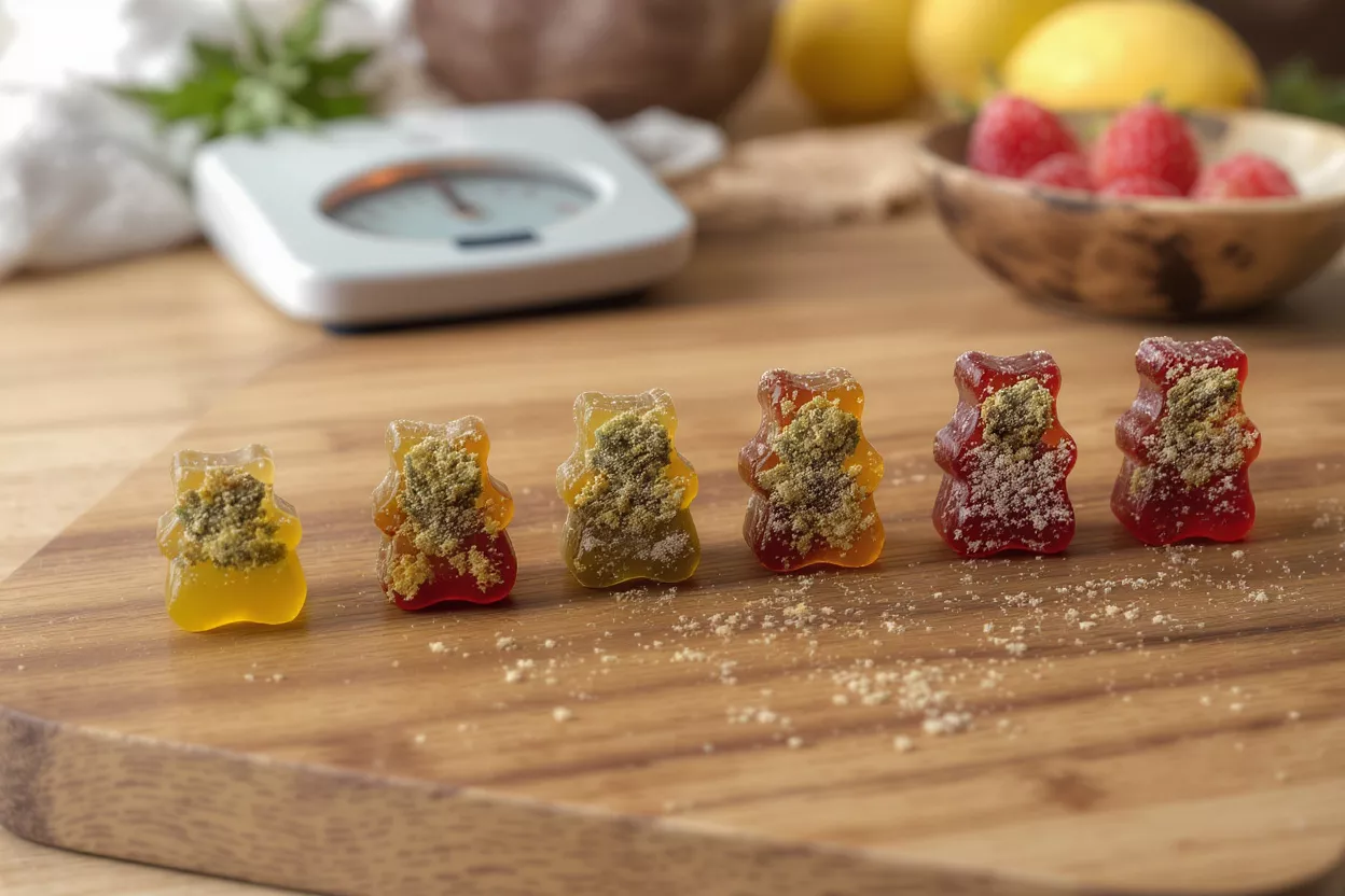 Colorful cannabis-infused gummy bears on a wooden board