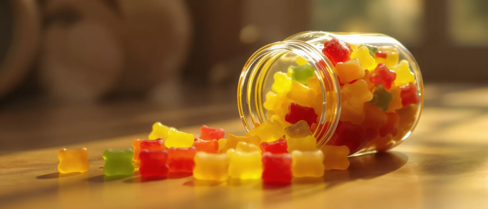 A jar spilled with colorful gummy bear candies