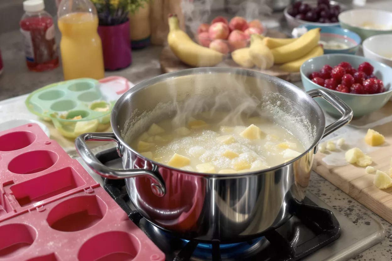 A pot of cooking fruit with various ingredients around