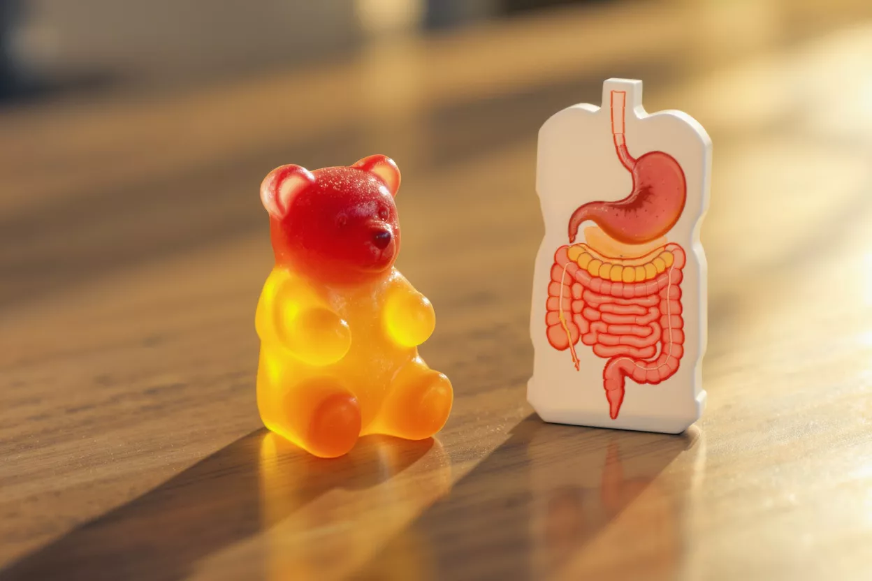 A gummy bear next to an illustration of the digestive system