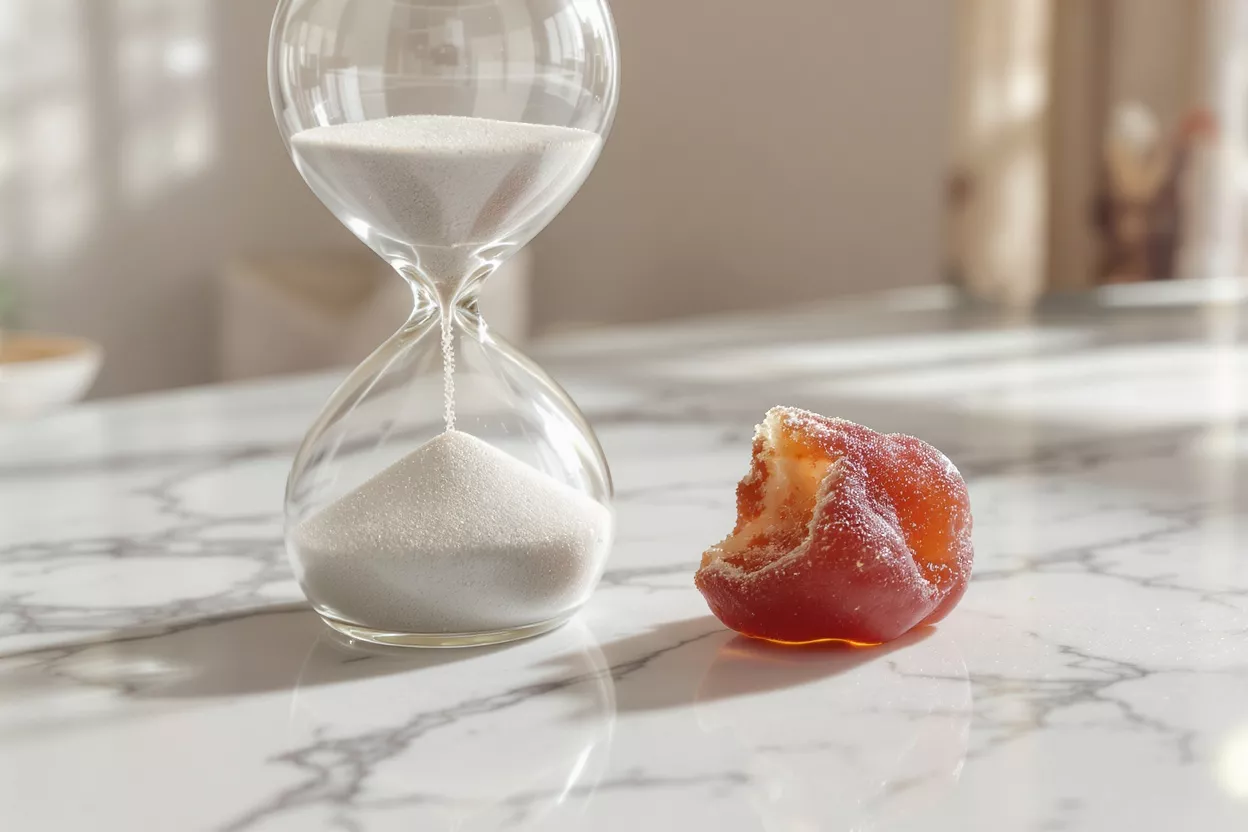 An hourglass next to a piece of sugar candy