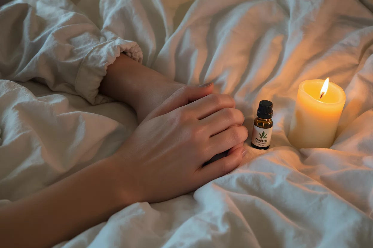 A person's hands resting on white sheets next to a CBD oil bottle and candle.