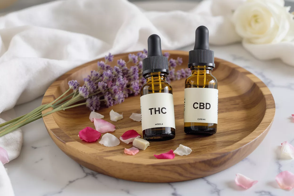 Two amber dropper bottles labeled THC and CBD on a wooden tray with lavender.