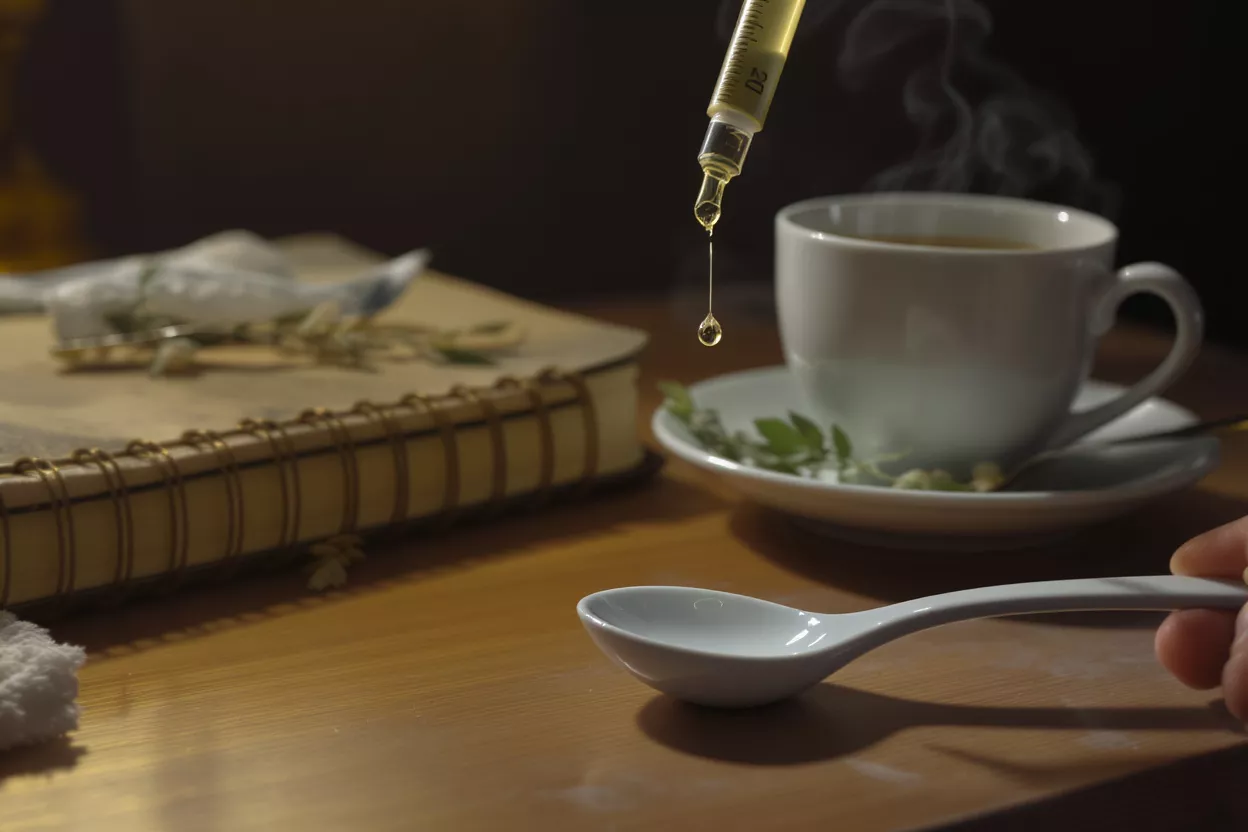 A syringe dispenses a golden drop of oil above a spoon and teacup.