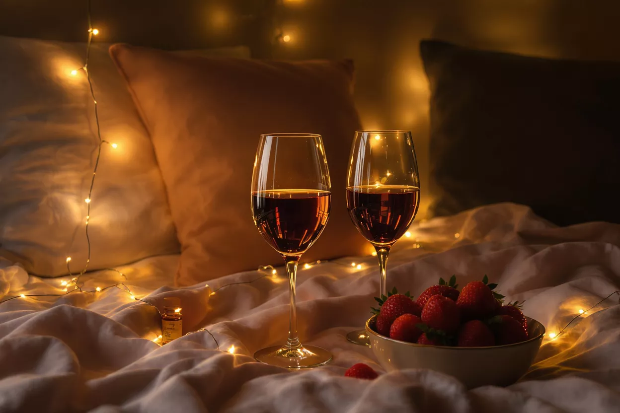 Two glasses of red wine and a bowl of strawberries on a bed.