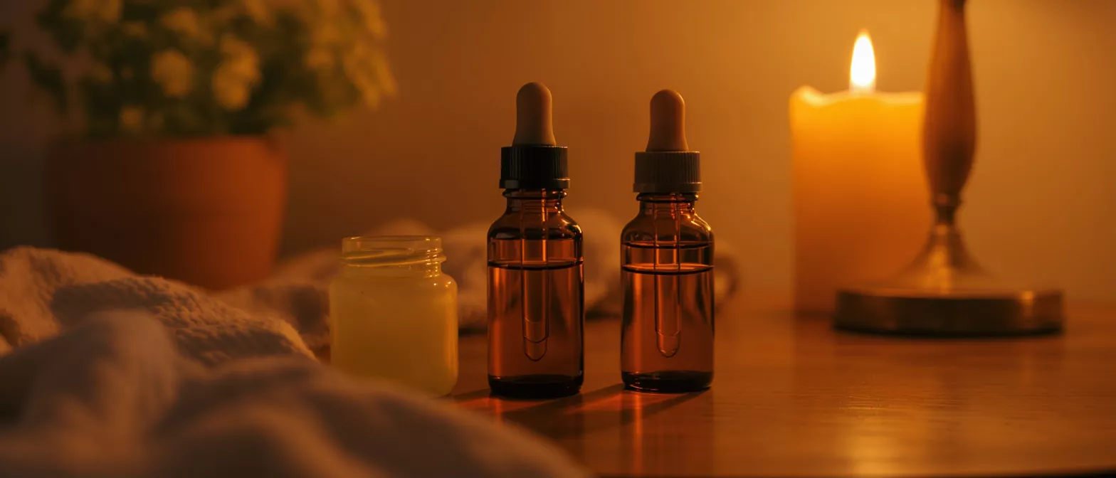 Amber Bottles and Candle Two amber dropper bottles, a small jar, and a lit candle on a wooden surface.