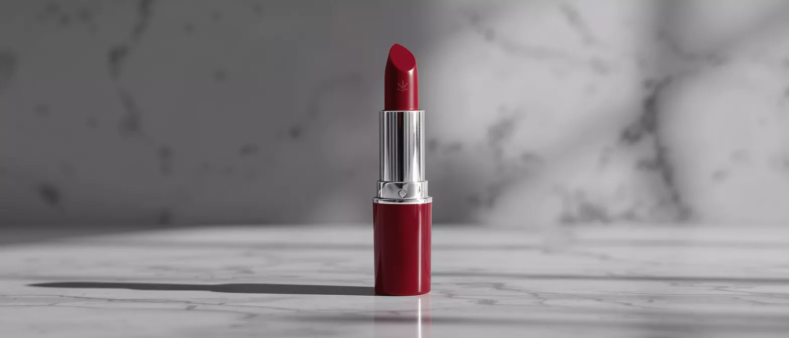 A vibrant red lipstick on a marble surface