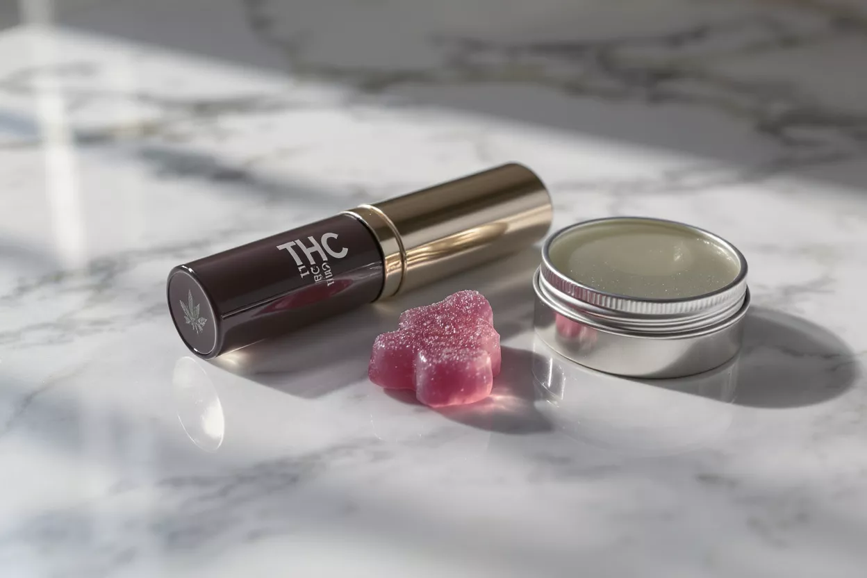THC infused gummy, balm, and lip product on marble surface