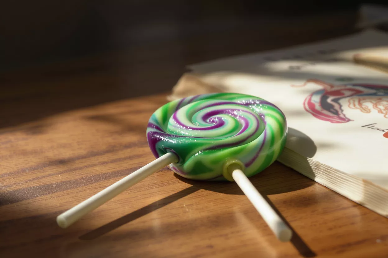 Vibrant green and purple swirl lollipop on wooden surface