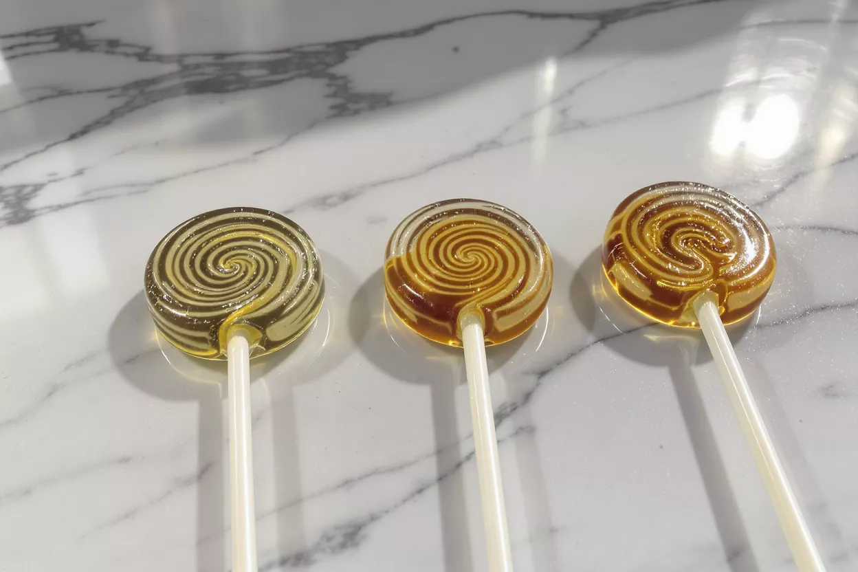 Three swirled lollipops on a marble surface