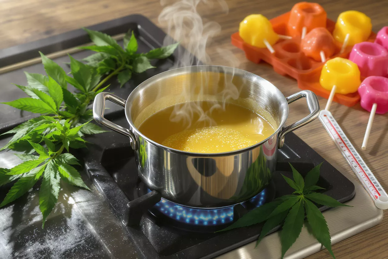 Pot of steaming cannabis infused oil on stove