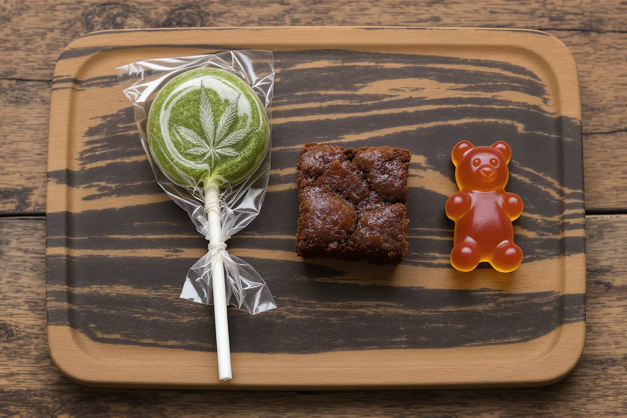 Cannabis-infused lollipop, brownie, and gummy bear