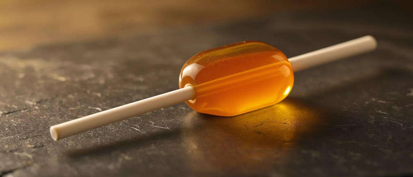A shiny orange lollipop resting on a dark surface