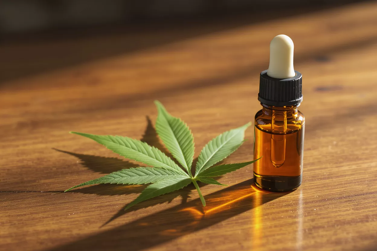 A bottle of CBD oil tincture next to a green cannabis leaf on a wooden table.