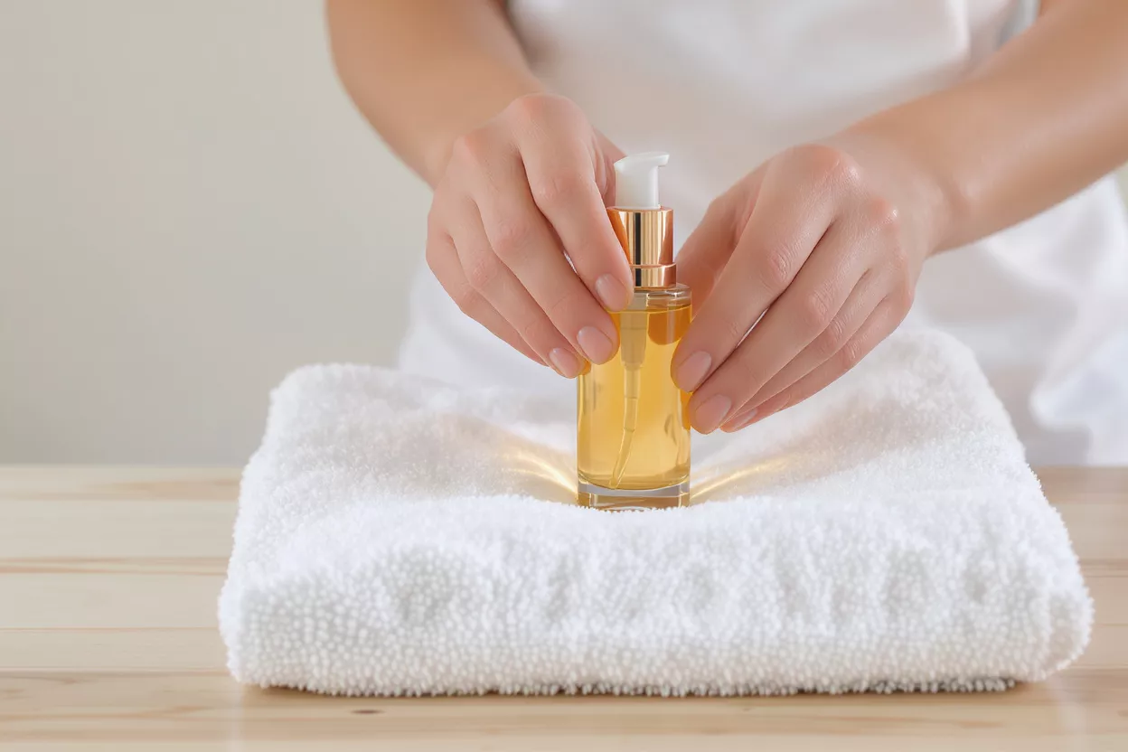 A person's hands holding a glass pump bottle of golden oil on a towel.