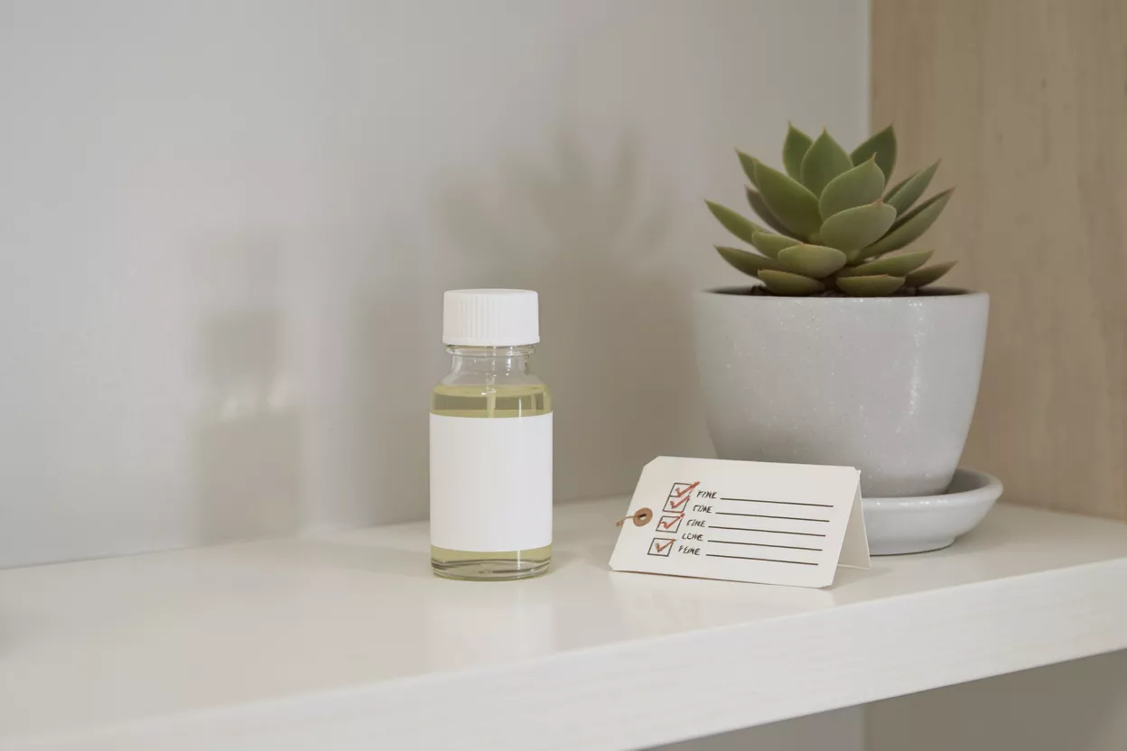 A skincare oil bottle with a blank label beside a routine checklist and succulent.