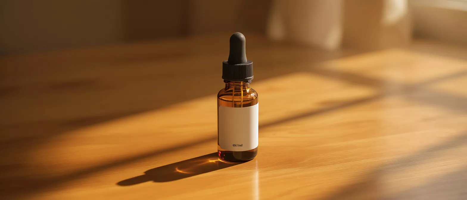 Amber Dropper Bottle in Sunlight Amber glass dropper bottle with a white label, casting a long shadow on a wooden surface.