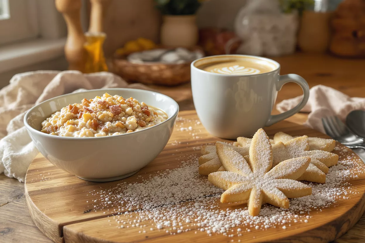 A bowl of cereal, coffee, and cookies on a wooden table