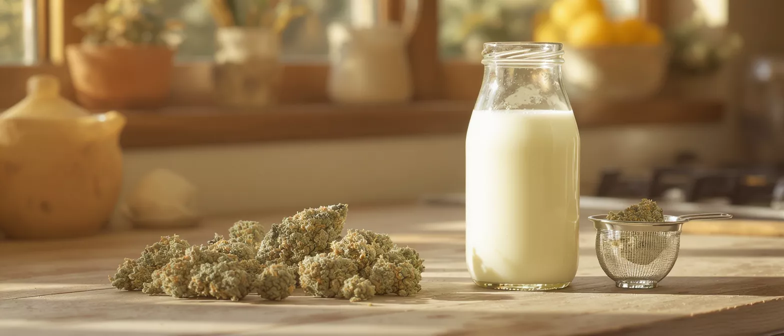 A bottle of milk next to cannabis buds and a strainer