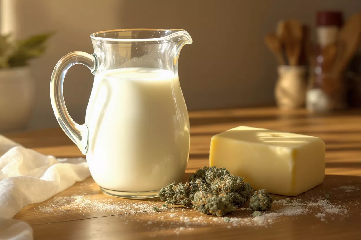A pitcher of milk, a block of butter, and cannabis buds