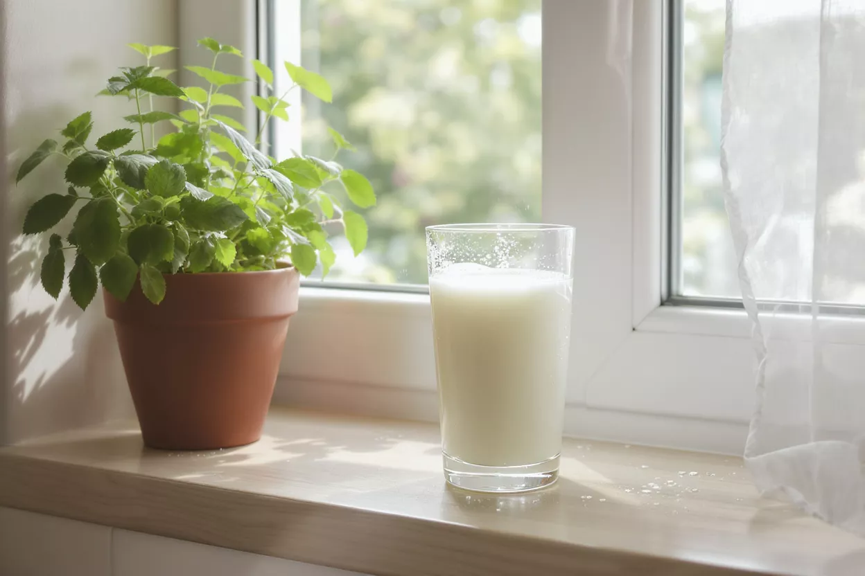 A glass of milk next to a potted plant