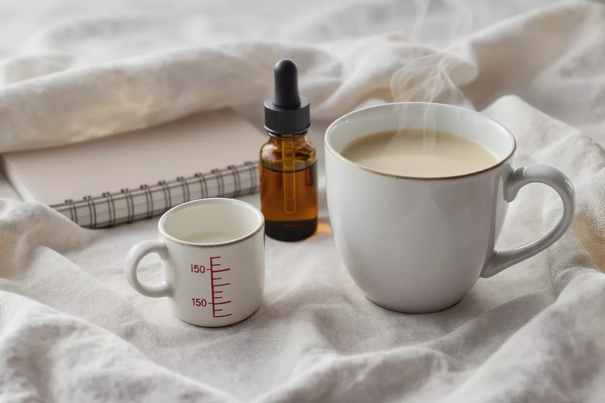A warm cup of coffee with a dropper and small cup