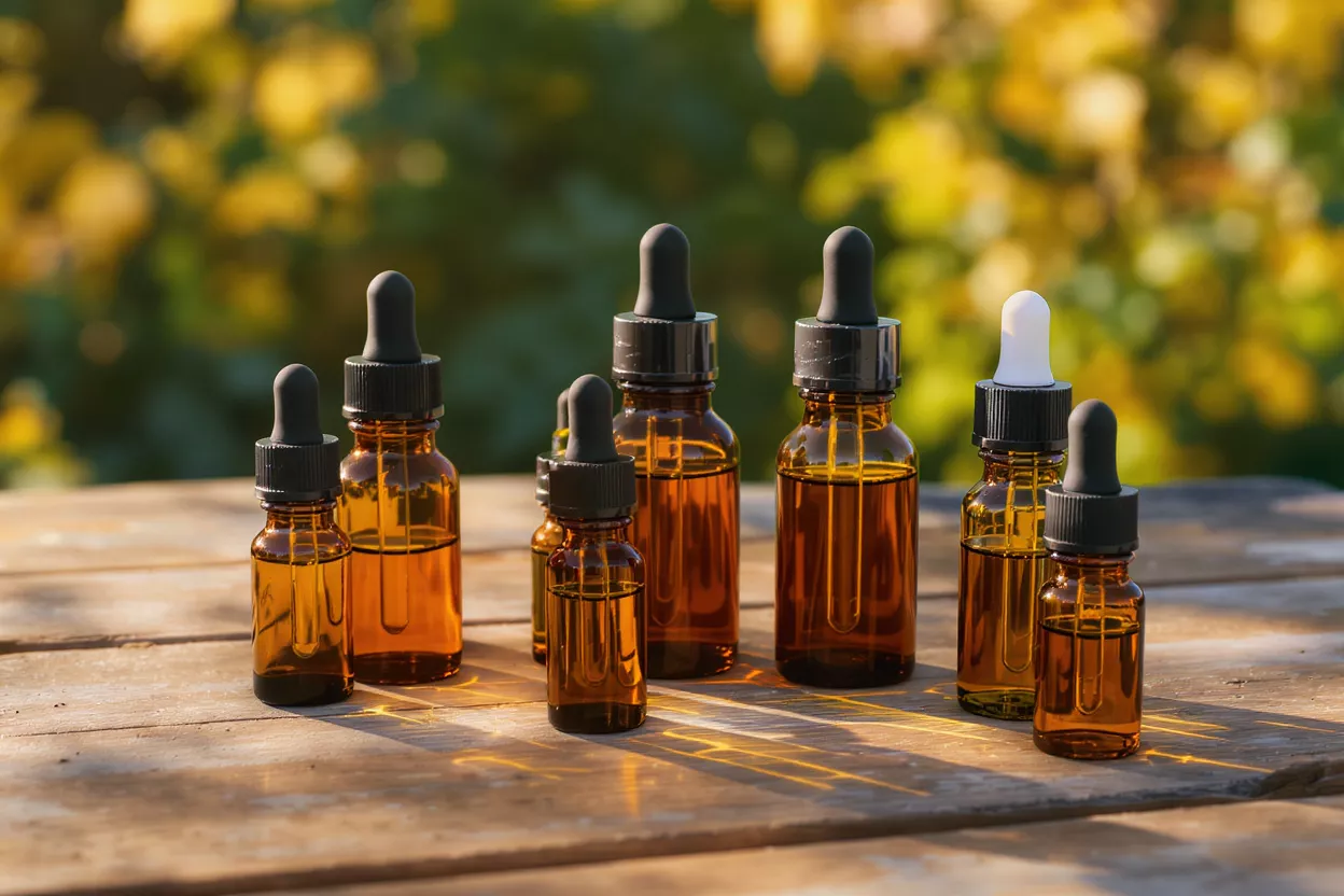 Several amber dropper bottles filled with liquid on a wooden surface outdoors.