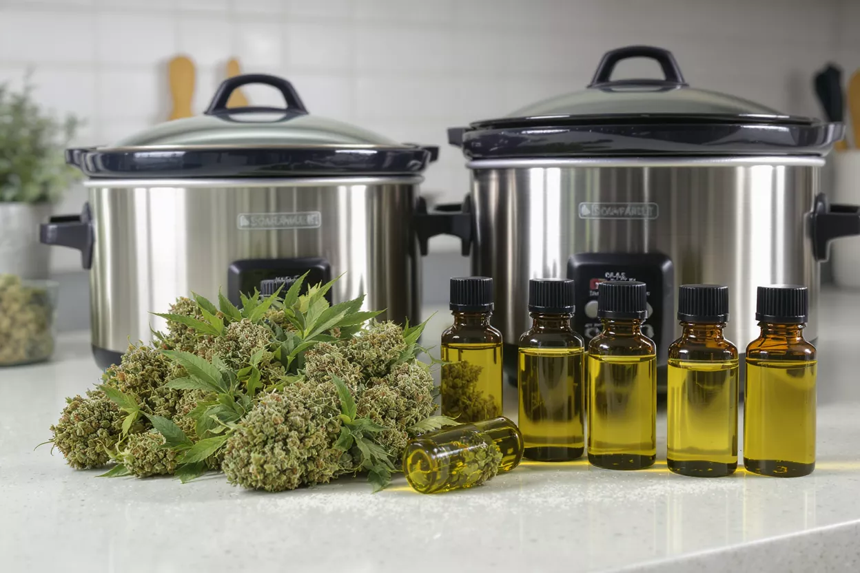 Cannabis buds, oil bottles, and two slow cookers on a kitchen counter.
