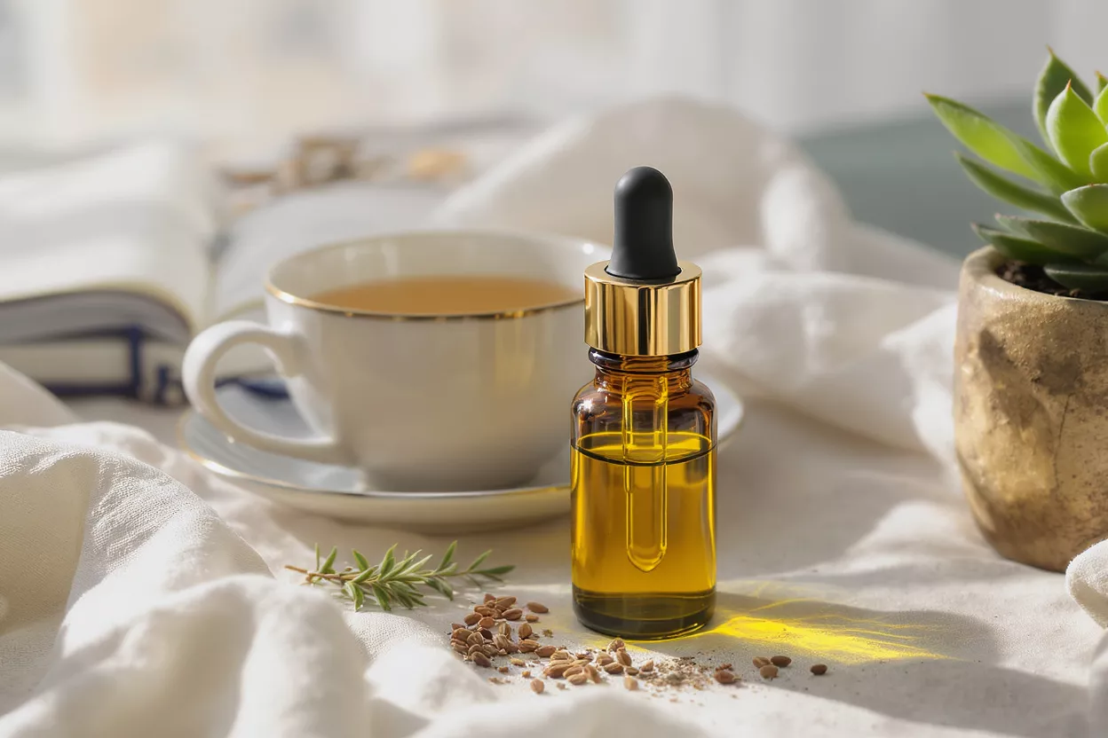 Amber dropper bottle of essential oil next to a cup of tea, rosemary, and seeds.