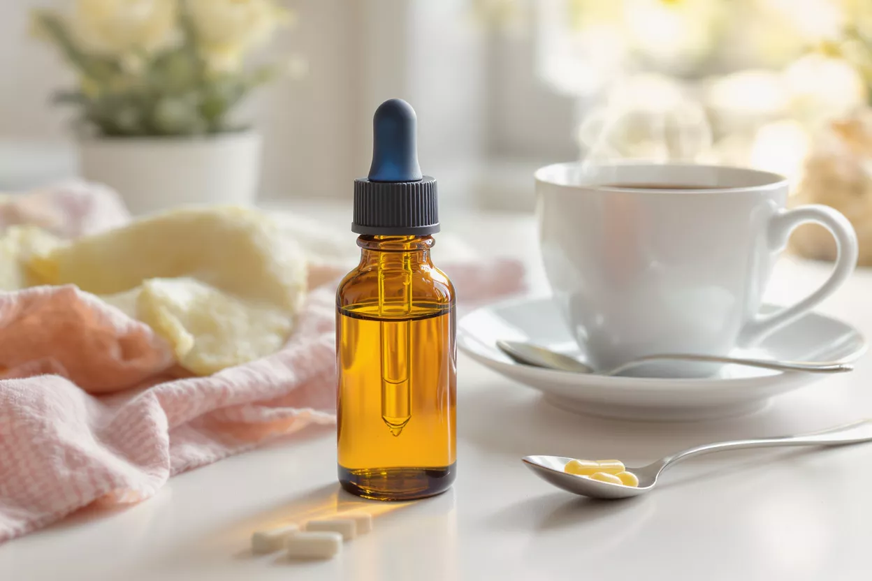 Amber dropper bottle, yellow capsules on spoon, white pills, and steaming coffee cup.