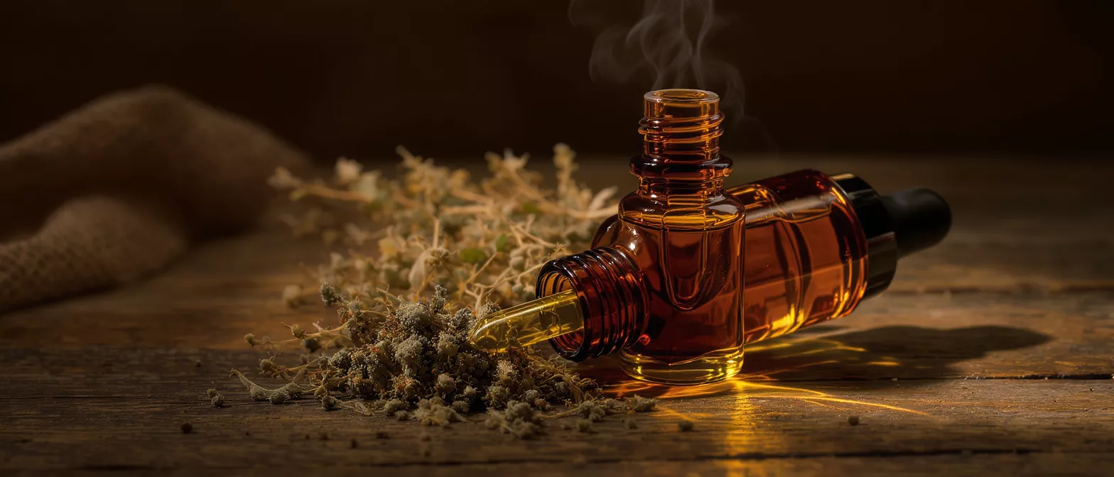 Two amber dropper bottles, one upright with smoke, surrounded by dried herbs.