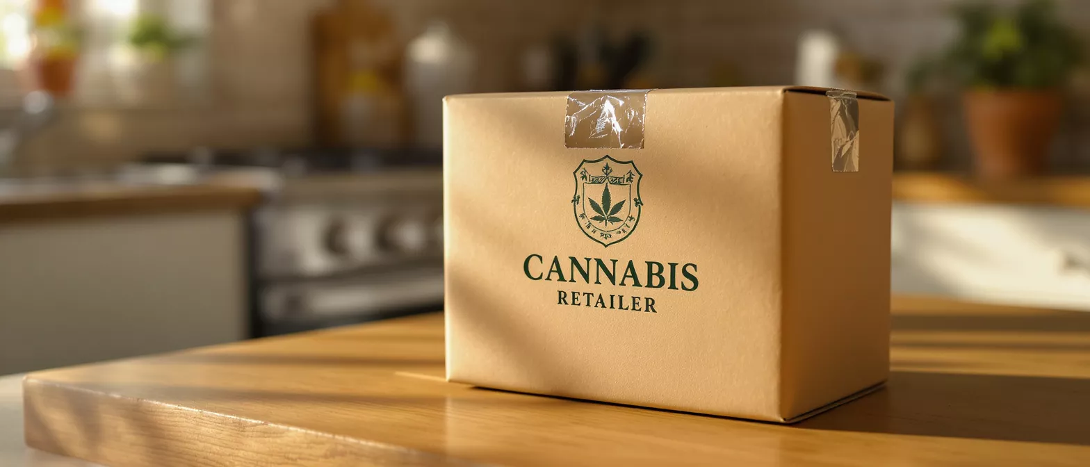 A brown cardboard box with "CANNABIS RETAILER" logo on a wooden surface.